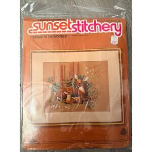Vintage Sunset Stitchery Crewel Kit "Nestled in the Woodlet" Deer Fawn 1981 NEW